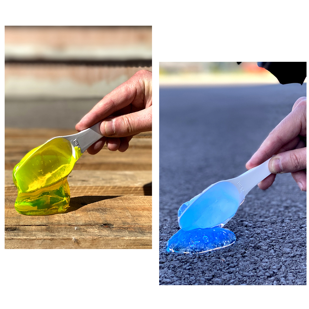 Aplicación de gel UV azul y amarillo en el suelo
